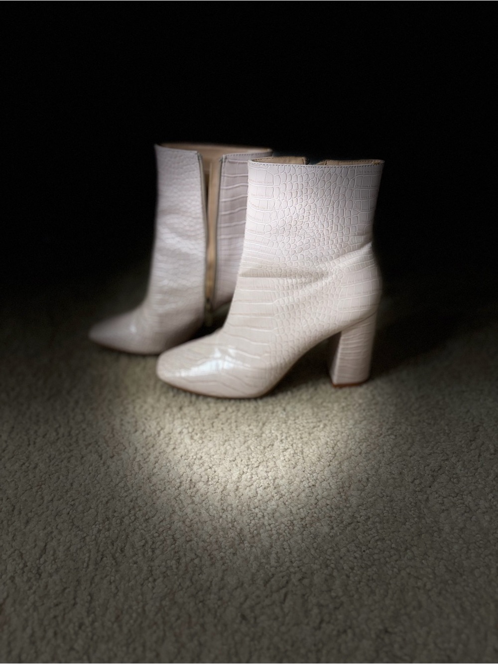Women's Light Pink Croc-Embossed Block Heel Ankle Boots